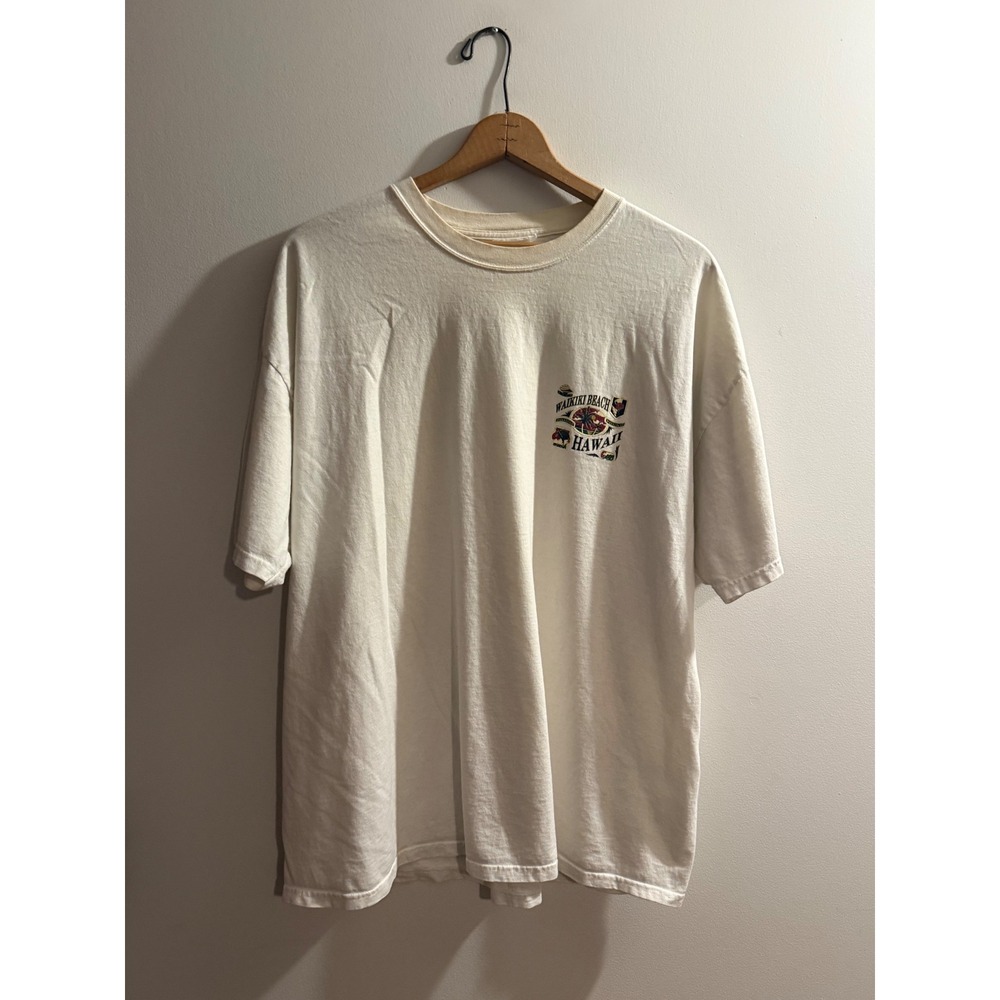 Vintage Waikiki Beach Hawaii T-Shirt Mens 2XL Cream Graphic Souvenir Tee 90s